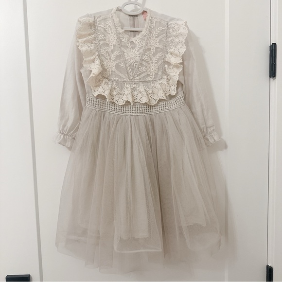 Korean Spring Girl Dress Long Puff Sleeves Lace Ruffles kids Princess Dresses - Picture 2 of 7